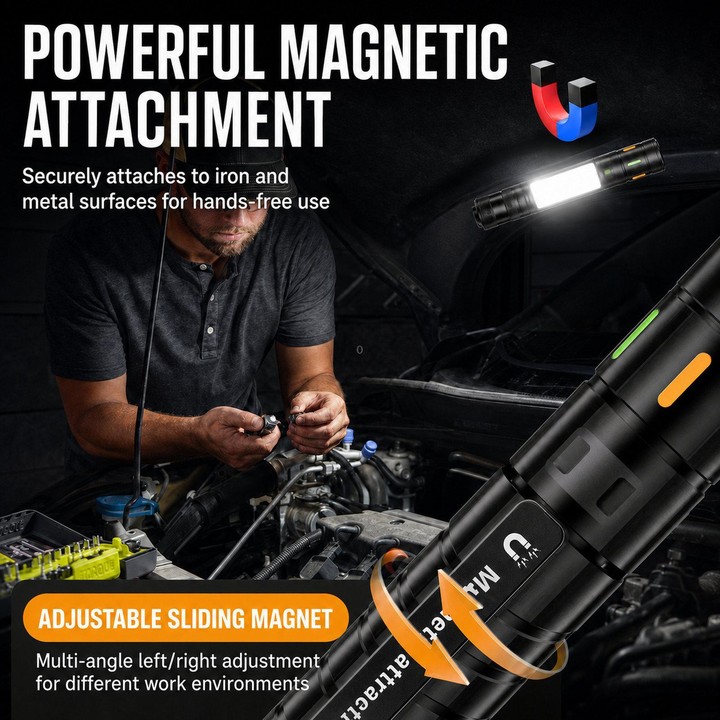 Multifunctional Zoom Car Flashlight Magnetic Led Work Light For Vehicle Maintenance(Black)