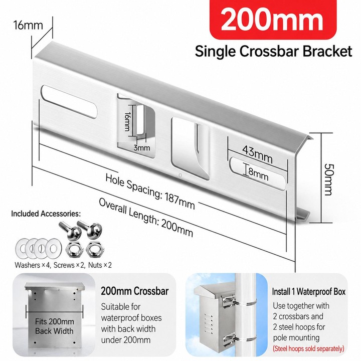 20cm Stainless Steel Pole Mount Bracket Heavy Duty Crossbar for Electrical Junction Box