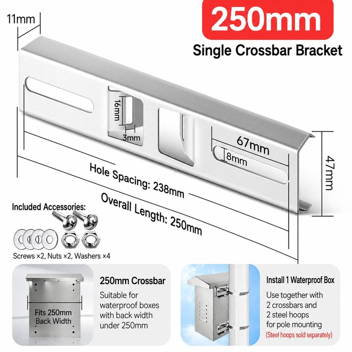 25cm Stainless Steel Pole Mount Bracket Heavy Duty Crossbar for Electrical Junction Box