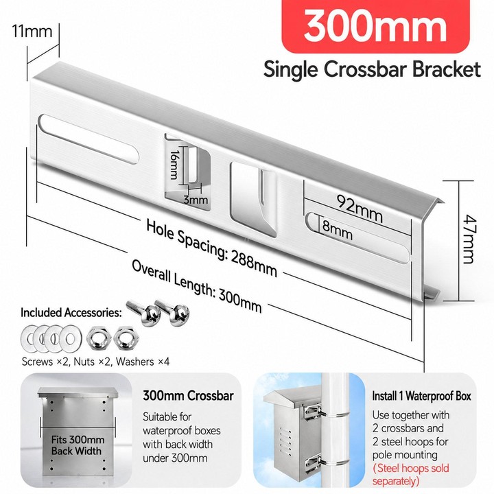 30cm Stainless Steel Pole Mount Bracket Heavy Duty Crossbar for Electrical Junction Box