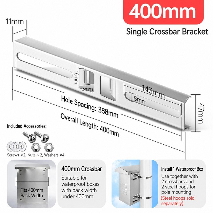 40cm Stainless Steel Pole Mount Bracket Heavy Duty Crossbar for Electrical Junction Box