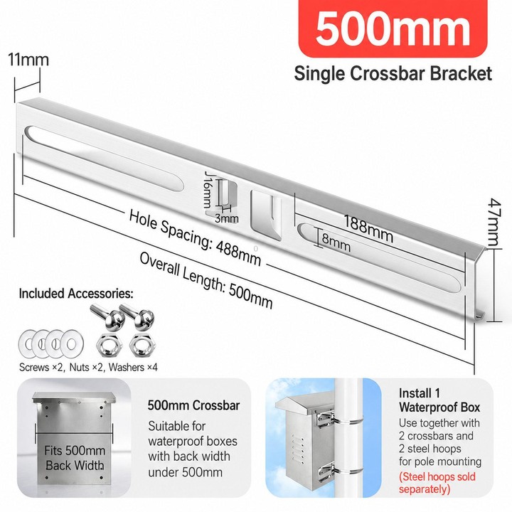 50cm Stainless Steel Pole Mount Bracket Heavy Duty Crossbar for Electrical Junction Box