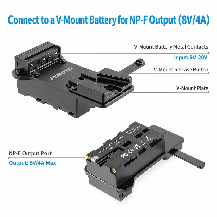 FOMITO NP-F Battery Plate To V-Mount Power Adapter For Monitor & Wireless Video Transmitter