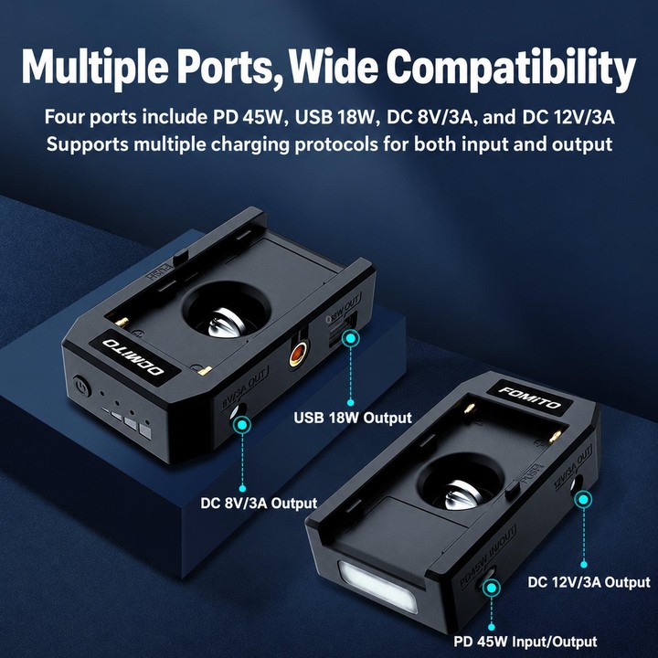 FOMITO NP-45W Multi-Function NP-F Battery Plate Multi-Port Output Battery Power Supply Base