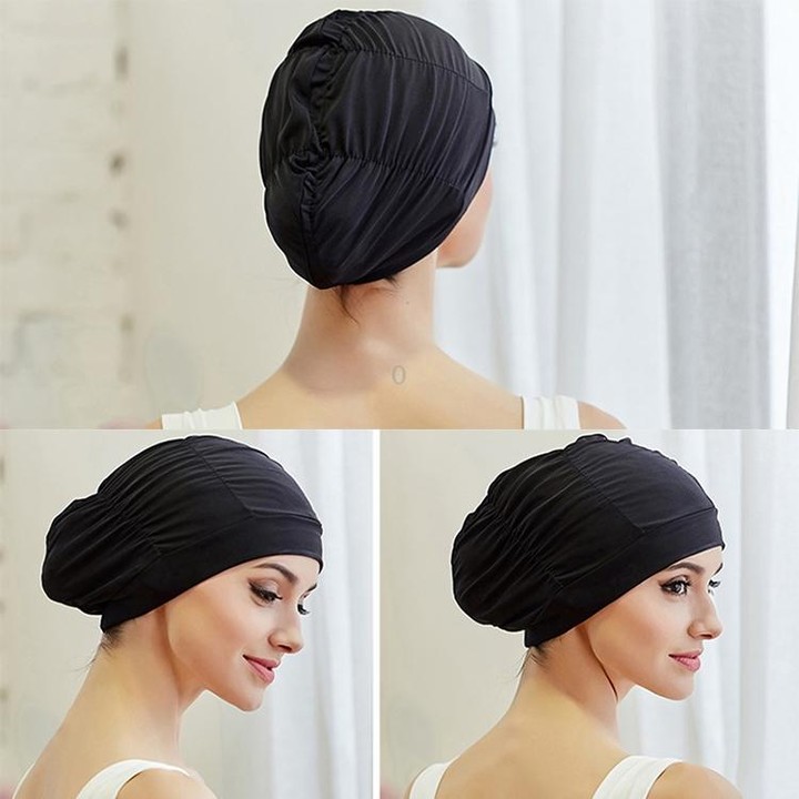 Women Earmuffs Pleated Cloth Swimming Cap(Rose)