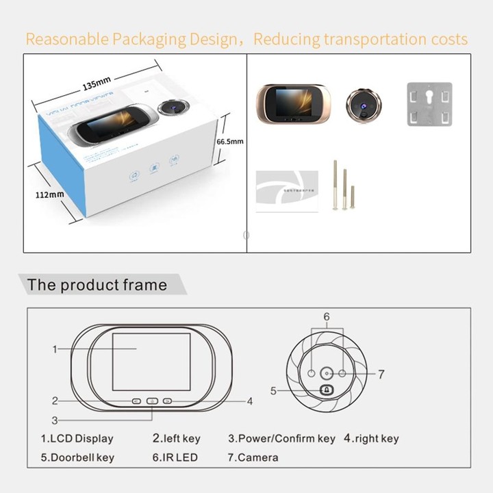 DD1 Smart Electronic Cat Eye Camera Doorbell with 2.8 inch LCD Screen, Support Infrared Night Vision(Gold)