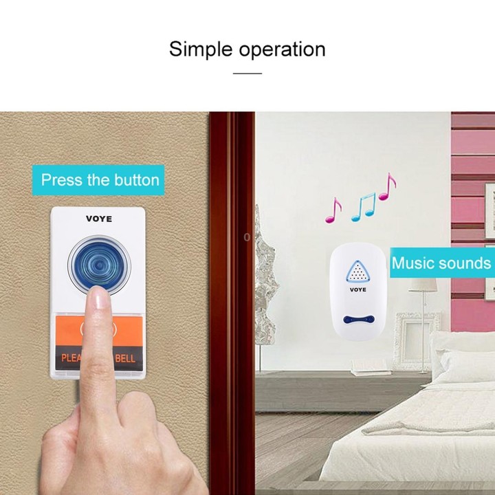 VOYE V025A Home Music Remote Control Wireless Doorbell with 38 Polyphony Sounds, US Plug (White)