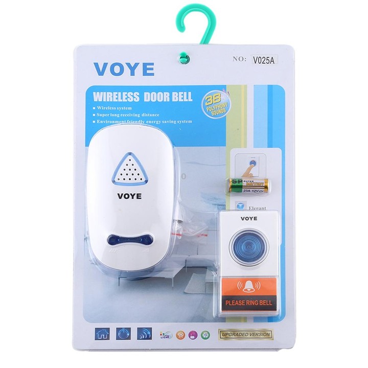 VOYE V025A Home Music Remote Control Wireless Doorbell with 38 Polyphony Sounds, US Plug (White)