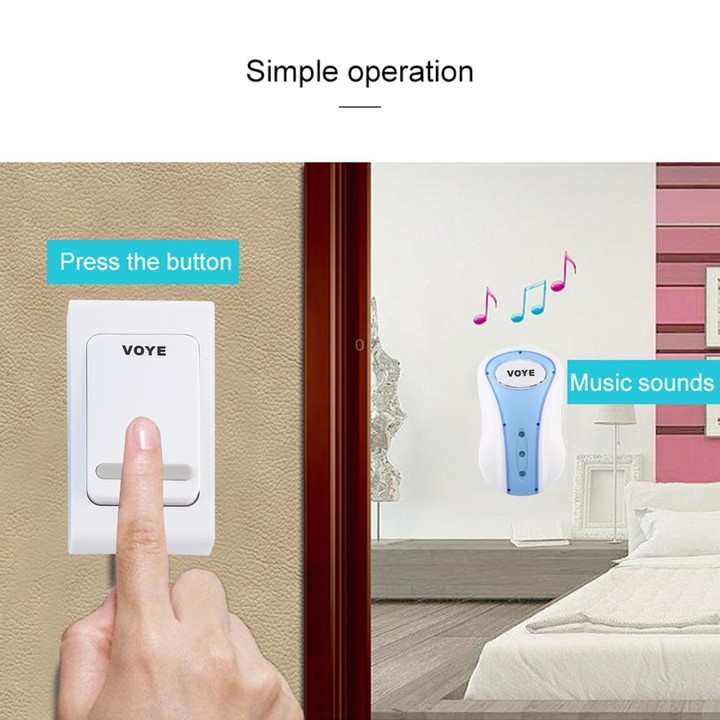 VOYE V008B Home Music Remote Control Wireless Doorbell with 38 Polyphony Sounds, US Plug (White)