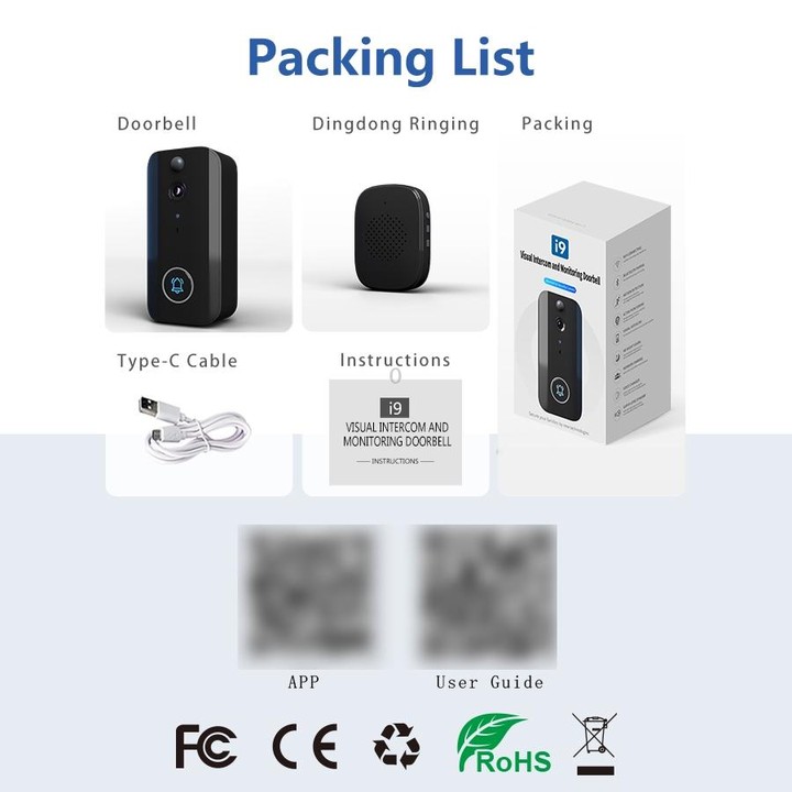 DoorBell i9 Wireless Doorbell Camera, Night vision, Motion Detection, Two-way Intercom (Black)