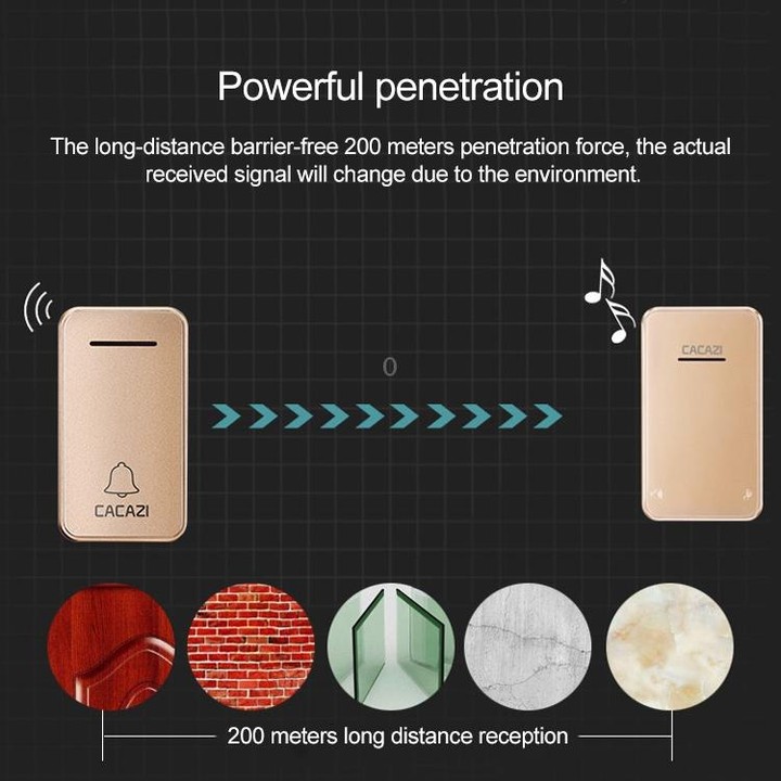 CACAZI FA8 One Button Three Receivers Self-Powered Smart Home Wireless Doorbell, US Plug(Gold)