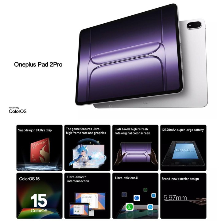 OnePlus Pad 2 Pro 13.2 inch WiFi Tablet PC, 12GB+256GB ColorOS 15.0 Qualcomm Snapdragon 8 Elite Octa Core CPU (Silver)