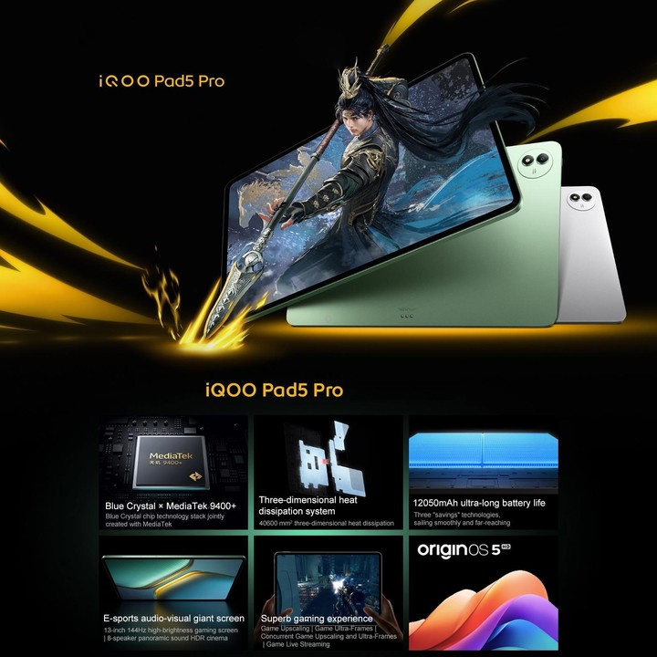 vivo iQOO Pad5 Pro 13 inch Tablet PC, 12GB+256GB, OriginOS 5 MediaTek Dimensity 9400+ Octa Core (Silver)