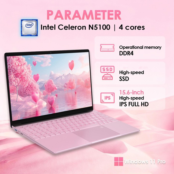 GXMO T152J 15.6 inch Laptop, No Memory, Windows 11 Pro Intel Celeron N5100 Quad Core, Support Fingerprint Unlock, US Plug (Pink)