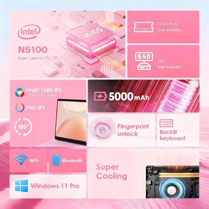 GXMO T152J 15.6 inch Laptop, No Memory, Windows 11 Pro Intel Celeron N5100 Quad Core, Support Fingerprint Unlock, AU Plug (Pink)