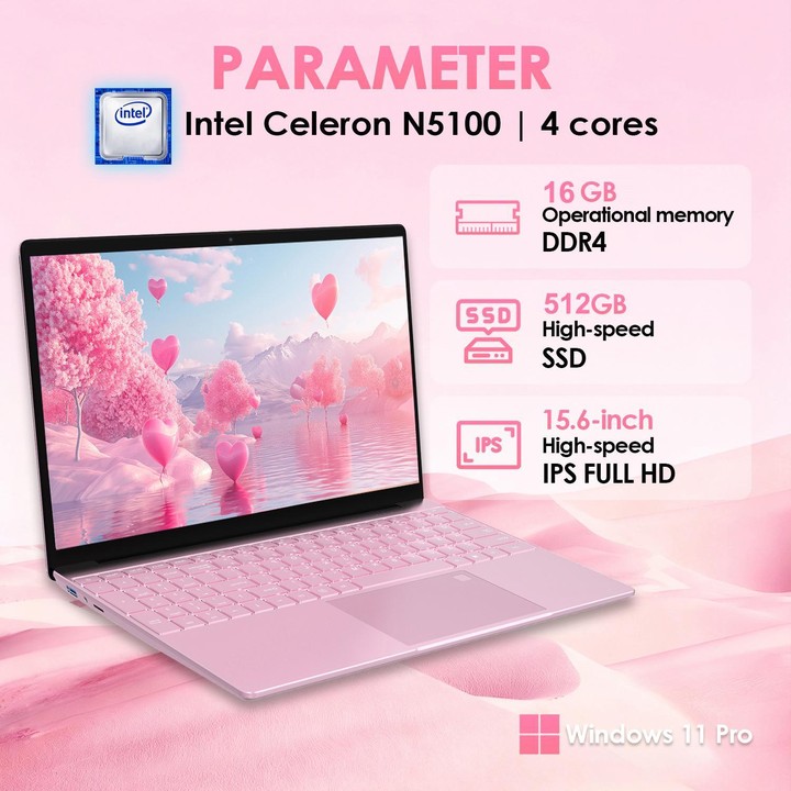 GXMO T152J 15.6 inch Laptop, 16GB+512GB, Windows 11 Pro Intel Celeron N5100 Quad Core, Support Fingerprint Unlock, US Plug (Pink