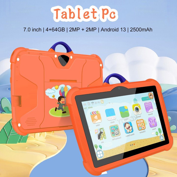 BDF C8 7 inch WiFi Kids Tablet PC with Silicone Case, 4GB+64GB, Android 13.0 MTK6735 Quad Core CPU, US Plug (Orange)