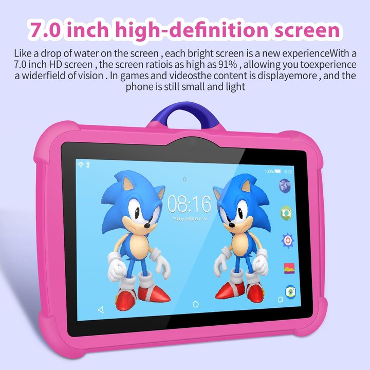 BDF C8 7 inch WiFi Kids Tablet PC with Silicone Case, 4GB+64GB, Android 13.0 MTK6735 Quad Core CPU, US Plug (Pink)
