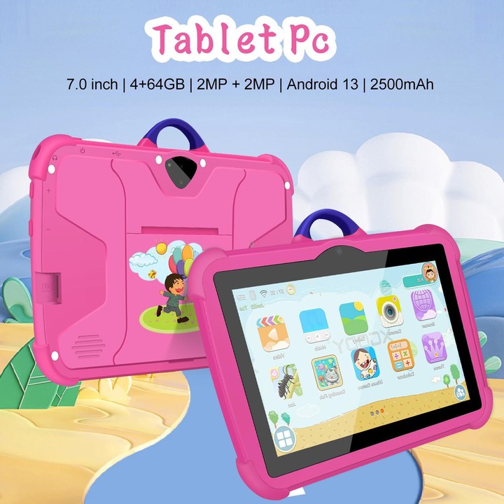 BDF C8 7 inch WiFi Kids Tablet PC with Silicone Case, 4GB+64GB, Android 13.0 MTK6735 Quad Core CPU, US Plug (Pink)
