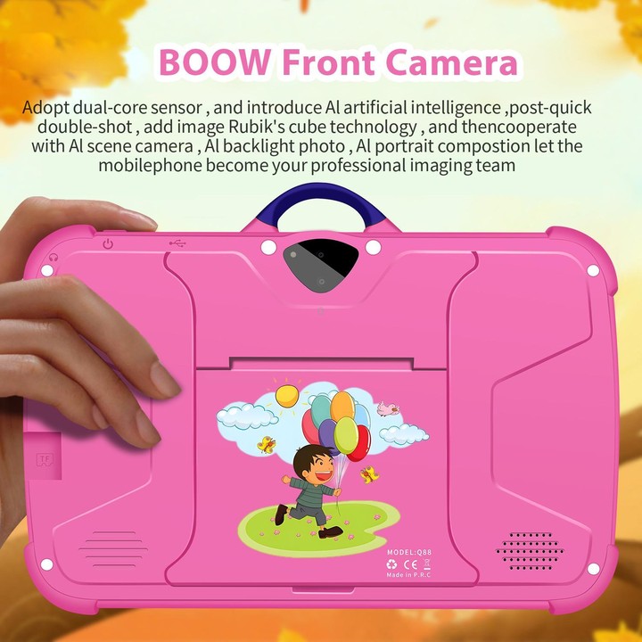 BDF C8 7 inch WiFi Kids Tablet PC with Silicone Case, 4GB+64GB, Android 13.0 MTK6735 Quad Core CPU, US Plug (Pink)