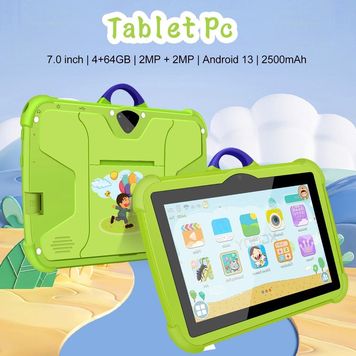 BDF C8 7 inch WiFi Kids Tablet PC with Silicone Case, 4GB+64GB, Android 13.0 MTK6735 Quad Core CPU, US Plug (Green)