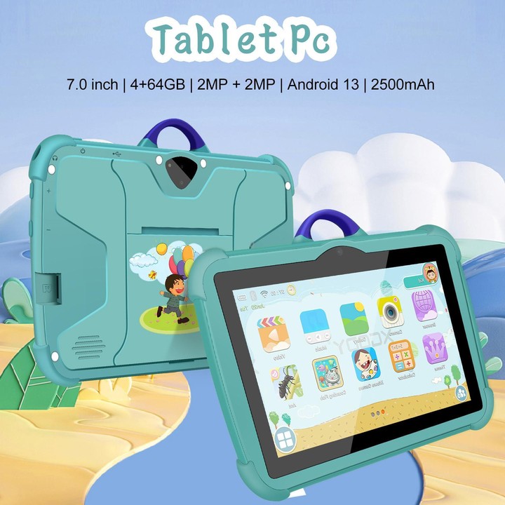 BDF C8 7 inch WiFi Kids Tablet PC with Silicone Case, 4GB+64GB, Android 13.0 MTK6735 Quad Core CPU, US Plug (Sky Blue)