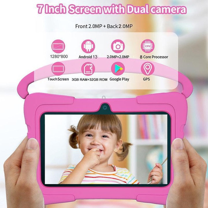 BDF K3 7 inch WiFi Kids Tablet PC with Silicone Case, 3GB+32GB, Android 13.0 MTK6735 Quad Core CPU, US Plug (Pink)