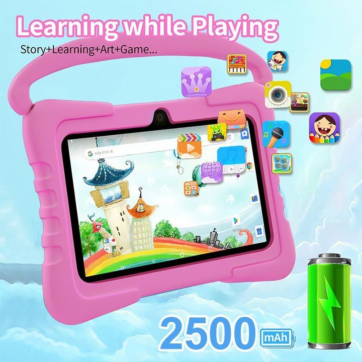BDF K3 7 inch WiFi Kids Tablet PC with Silicone Case, 4GB+64GB, Android 13.0 MTK6735 Quad Core CPU, US Plug (Pink)