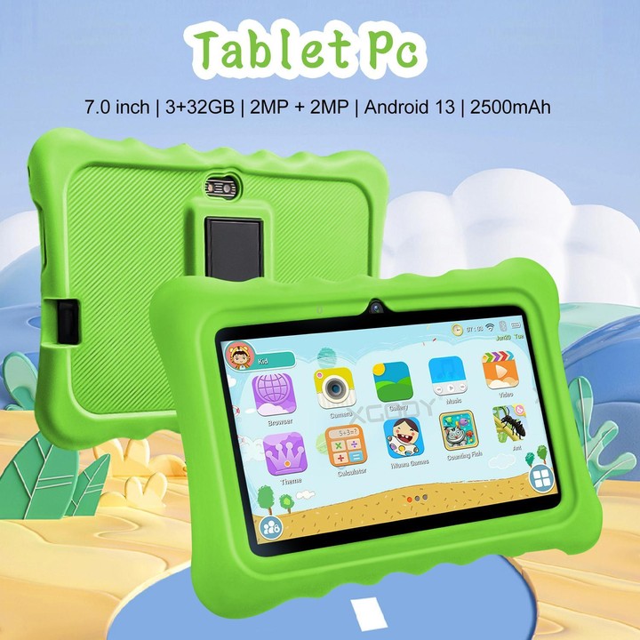 BDF T7 7 inch WiFi Kids Tablet PC with Silicone Case, 3GB+32GB, Android 13.0 MTK6735 Quad Core CPU, US Plug (Green)