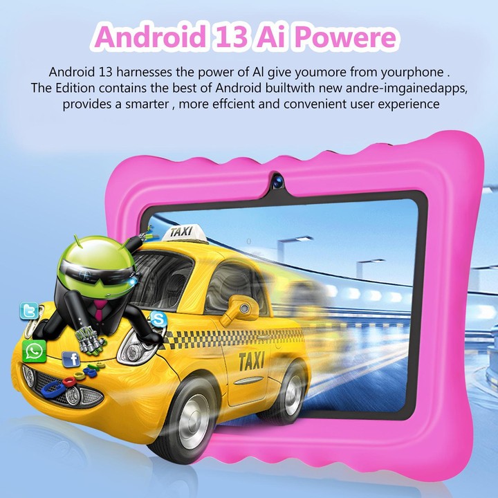 BDF T7 7 inch WiFi Kids Tablet PC with Silicone Case, 4GB+64GB, Android 13.0 MTK6735 Quad Core CPU, US Plug (Pink)