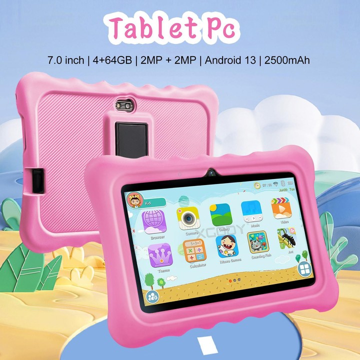 BDF T7 7 inch WiFi Kids Tablet PC with Silicone Case, 4GB+64GB, Android 13.0 MTK6735 Quad Core CPU, US Plug (Pink)