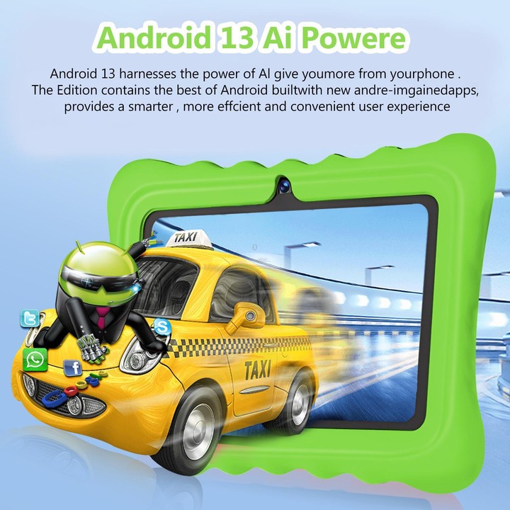 BDF T7 7 inch WiFi Kids Tablet PC with Silicone Case, 4GB+64GB, Android 13.0 MTK6735 Quad Core CPU, US Plug (Green)