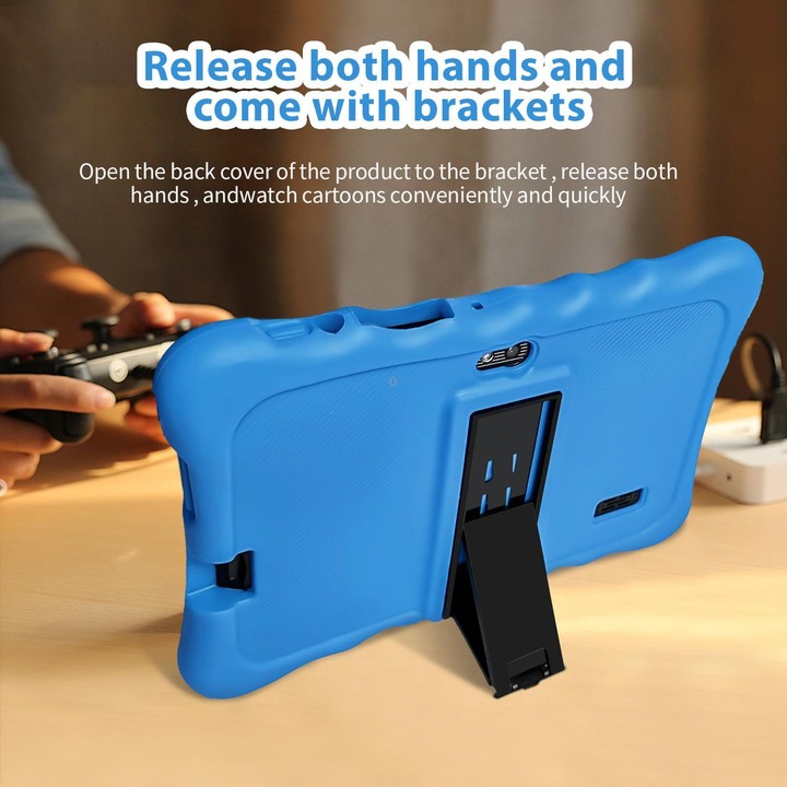 BDF T7 7 inch WiFi Kids Tablet PC with Silicone Case, 4GB+64GB, Android 13.0 MTK6735 Quad Core CPU, US Plug (Blue)