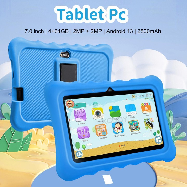 BDF T7 7 inch WiFi Kids Tablet PC with Silicone Case, 4GB+64GB, Android 13.0 MTK6735 Quad Core CPU, US Plug (Blue)