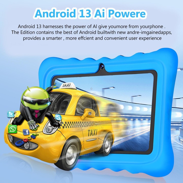 BDF T7 7 inch WiFi Kids Tablet PC with Silicone Case, 4GB+64GB, Android 13.0 MTK6735 Quad Core CPU, US Plug (Blue)