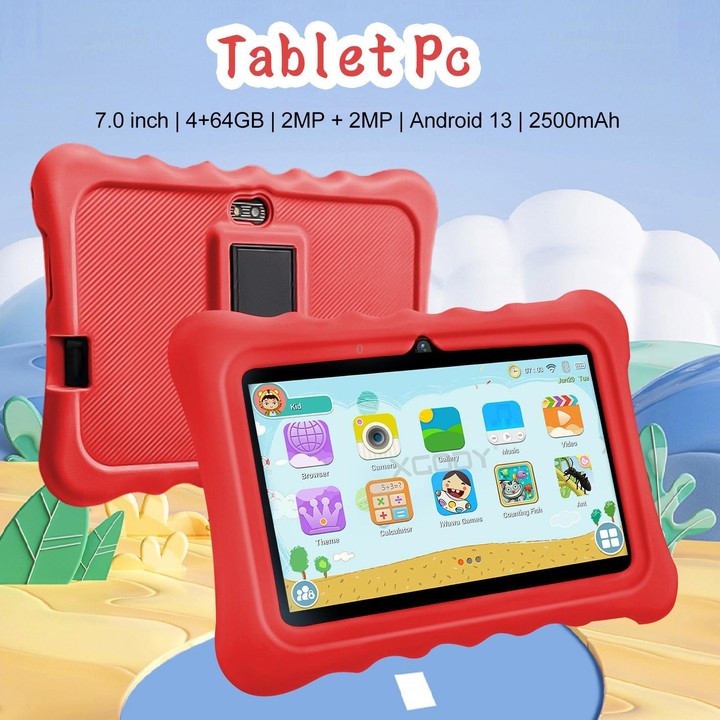 BDF T7 7 inch WiFi Kids Tablet PC with Silicone Case, 4GB+64GB, Android 13.0 MTK6735 Quad Core CPU, US Plug (Red)