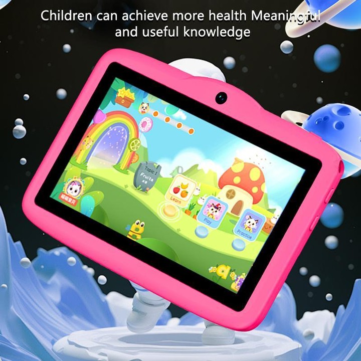 BDF 7 inch WiFi Kids Tablet PC with Mushroom Silicone Case, 3GB+32GB, Android 13.0 MTK6735 Quad Core CPU, US Plug (Pink)
