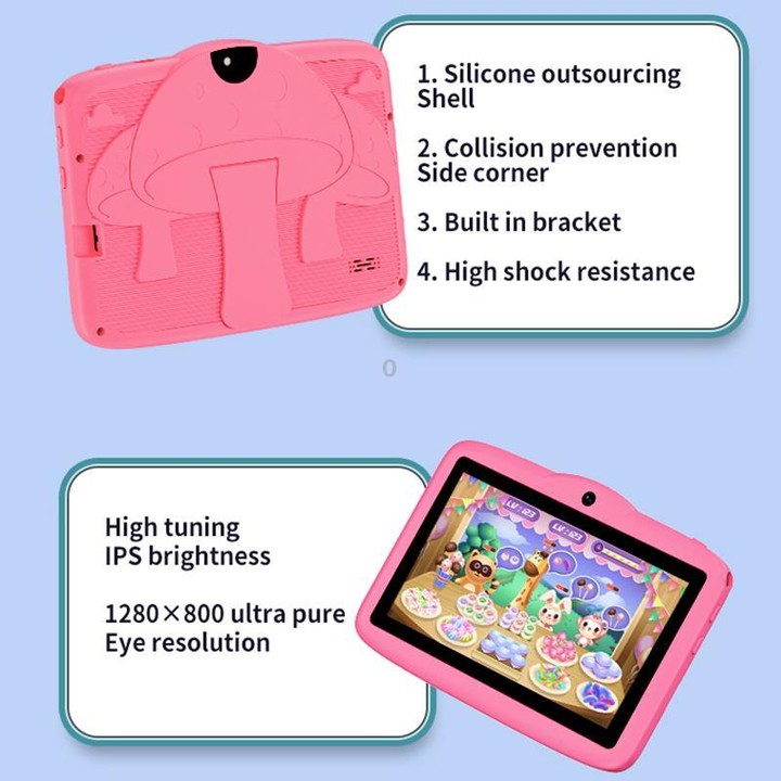 BDF 7 inch WiFi Kids Tablet PC with Mushroom Silicone Case, 3GB+32GB, Android 13.0 MTK6735 Quad Core CPU, US Plug (Pink)