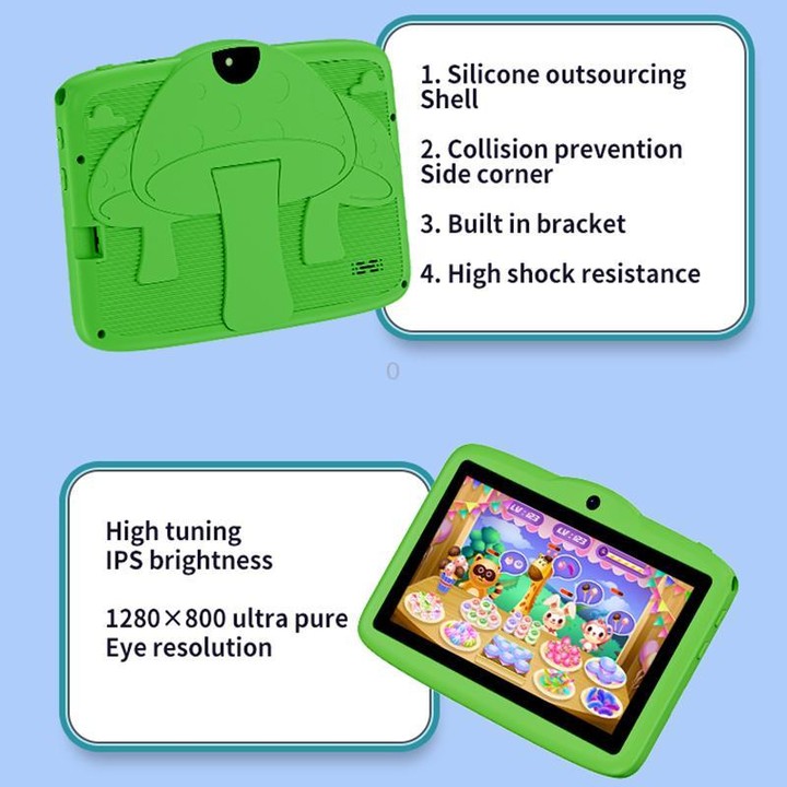 BDF 7 inch WiFi Kids Tablet PC with Mushroom Silicone Case, 3GB+32GB, Android 13.0 MTK6735 Quad Core CPU, US Plug (Green)