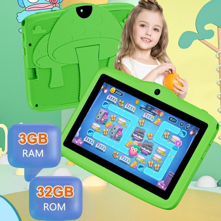 BDF 7 inch WiFi Kids Tablet PC with Mushroom Silicone Case, 3GB+32GB, Android 13.0 MTK6735 Quad Core CPU, US Plug (Green)