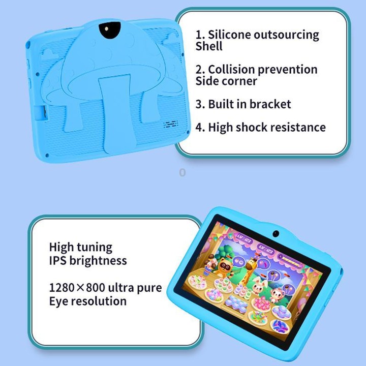 BDF 7 inch WiFi Kids Tablet PC with Mushroom Silicone Case, 3GB+32GB, Android 13.0 MTK6735 Quad Core CPU, US Plug (Blue)