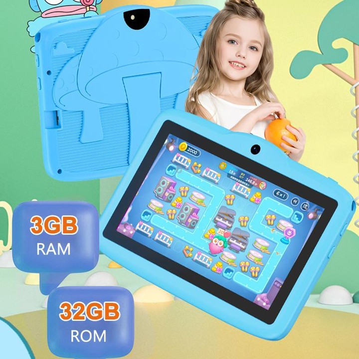 BDF 7 inch WiFi Kids Tablet PC with Mushroom Silicone Case, 3GB+32GB, Android 13.0 MTK6735 Quad Core CPU, US Plug (Blue)