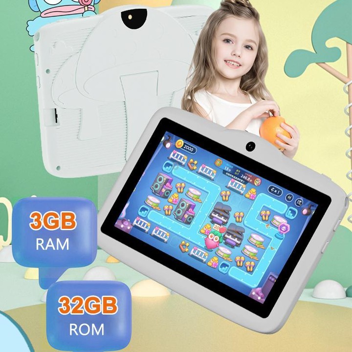 BDF 7 inch WiFi Kids Tablet PC with Mushroom Silicone Case, 3GB+32GB, Android 13.0 MTK6735 Quad Core CPU, US Plug (White)
