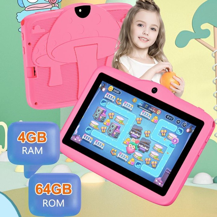 BDF 7 inch WiFi Kids Tablet PC with Mushroom Silicone Case, 4GB+64GB, Android 13.0 MTK6735 Quad Core CPU, US Plug (Pink)