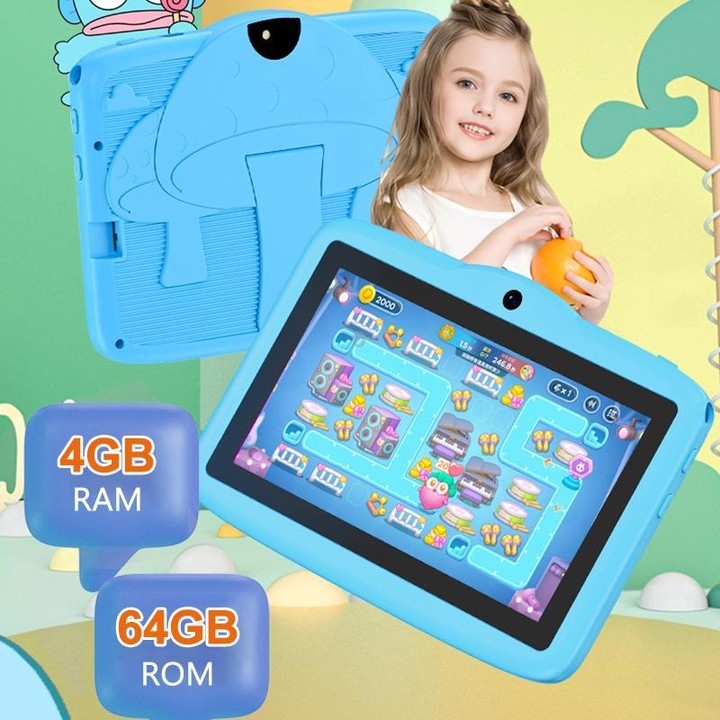 BDF 7 inch WiFi Kids Tablet PC with Mushroom Silicone Case, 4GB+64GB, Android 13.0 MTK6735 Quad Core CPU, US Plug (Blue)