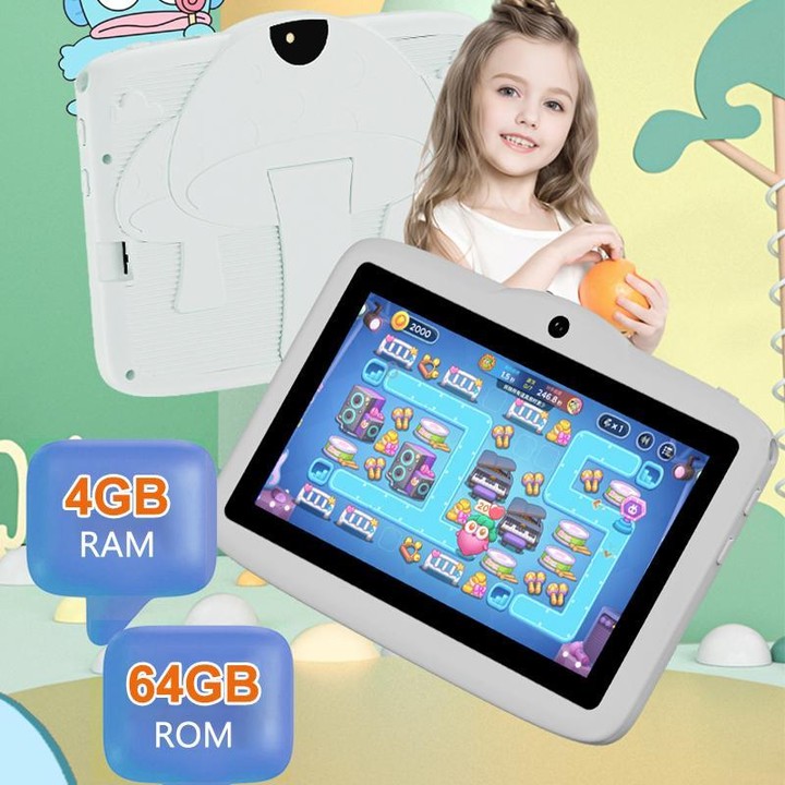 BDF 7 inch WiFi Kids Tablet PC with Mushroom Silicone Case, 4GB+64GB, Android 13.0 MTK6735 Quad Core CPU, US Plug (White)