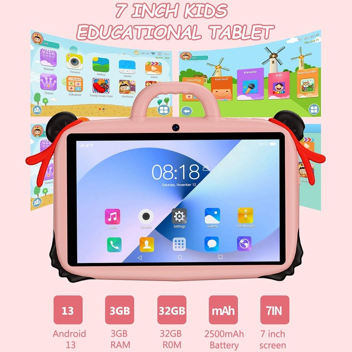 BDF 7 inch WiFi Kids Tablet PC with Nezha Silicone Case, 3GB+32GB, Android 13.0 MTK6735 Quad Core CPU, US Plug (Pink)