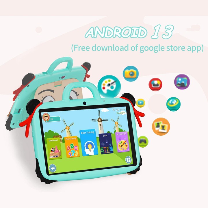 BDF 7 inch WiFi Kids Tablet PC with Nezha Silicone Case, 3GB+32GB, Android 13.0 MTK6735 Quad Core CPU, US Plug (Blue)