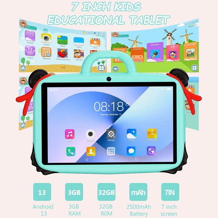 BDF 7 inch WiFi Kids Tablet PC with Nezha Silicone Case, 3GB+32GB, Android 13.0 MTK6735 Quad Core CPU, US Plug (Blue)
