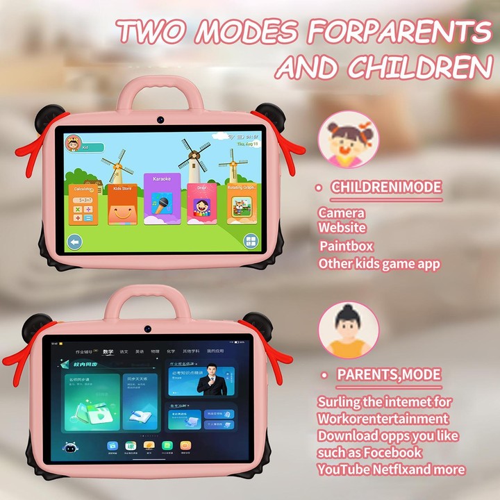 BDF 7 inch WiFi Kids Tablet PC with Nezha Silicone Case, 4GB+64GB, Android 13.0 MTK6735 Quad Core CPU, US Plug (Pink)